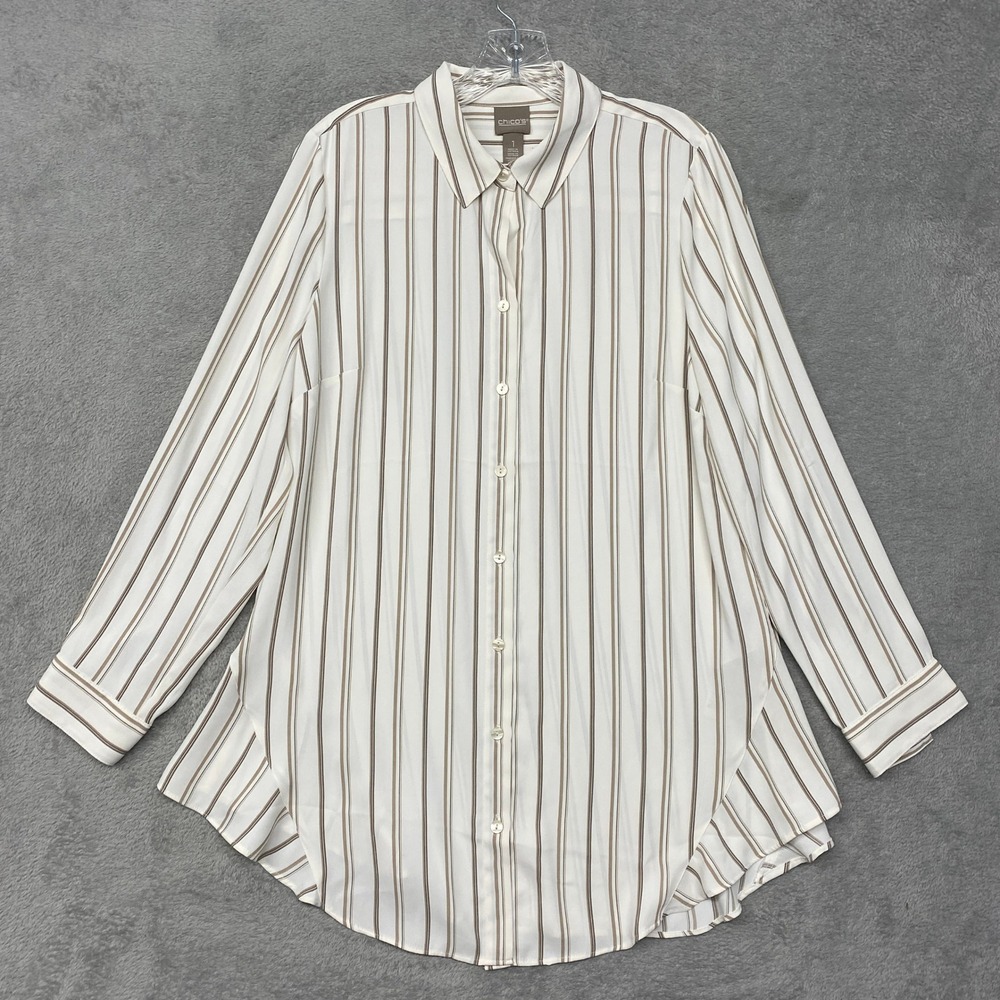 Chicos Top Womens Medium Beige Striped‎ Tunic Shirt Button Long Sleeve Size 1